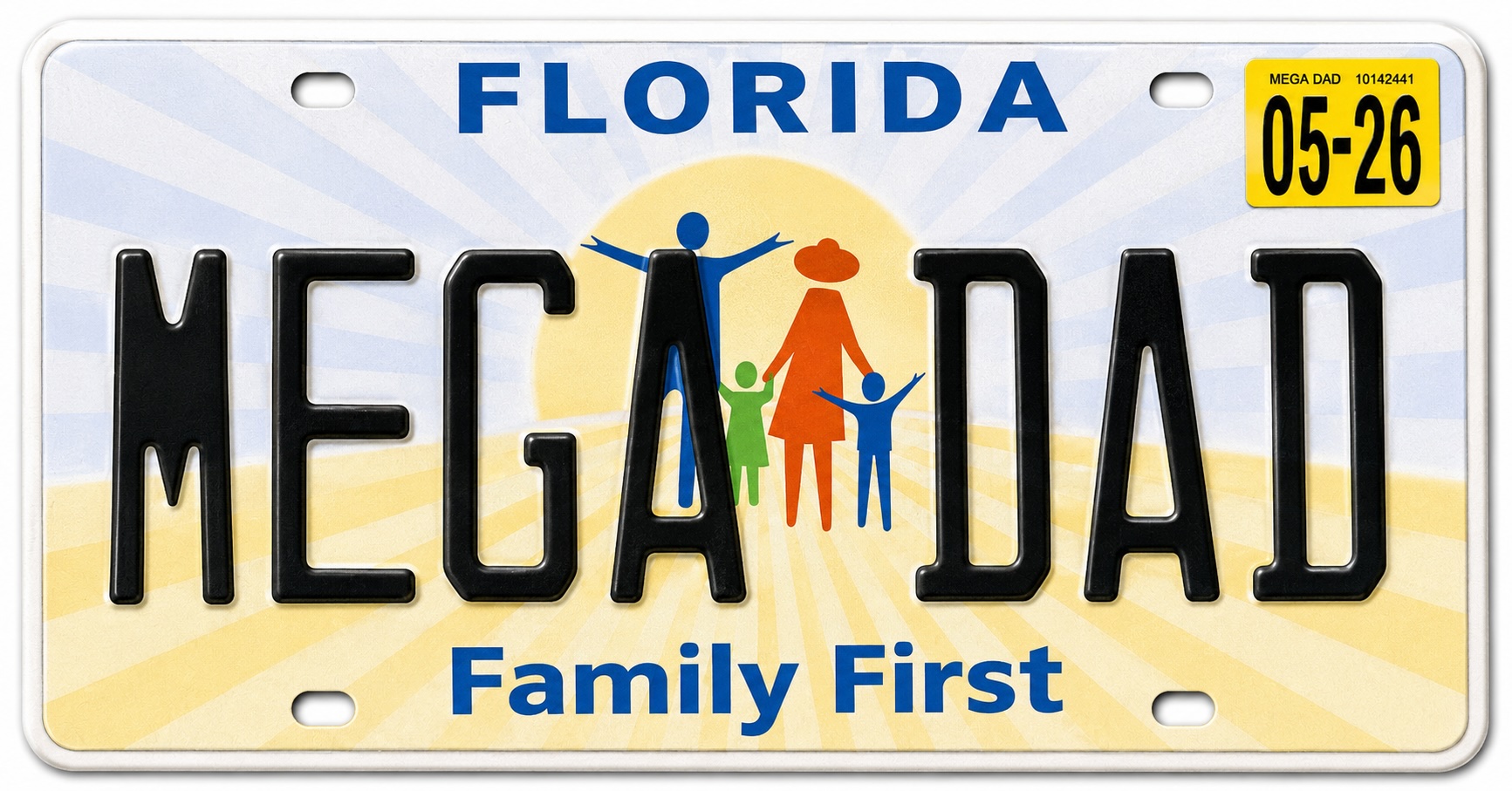 MegaDad Florida-style license plate, family-first